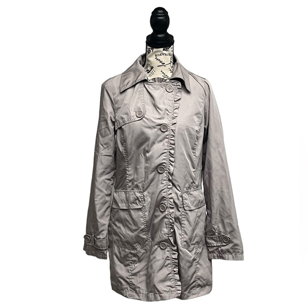 Vintage JouJou Gray Trench Coat Women’s M | Y2K Ruffle Button Up Retro Preppy - Picture 2 of 10